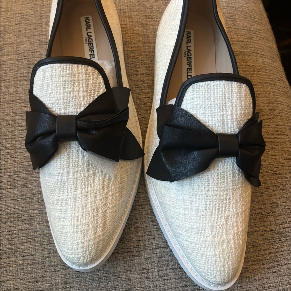 Karl Lagerfeld Cream Loafers with Black Bow - Picture 2 of 4
